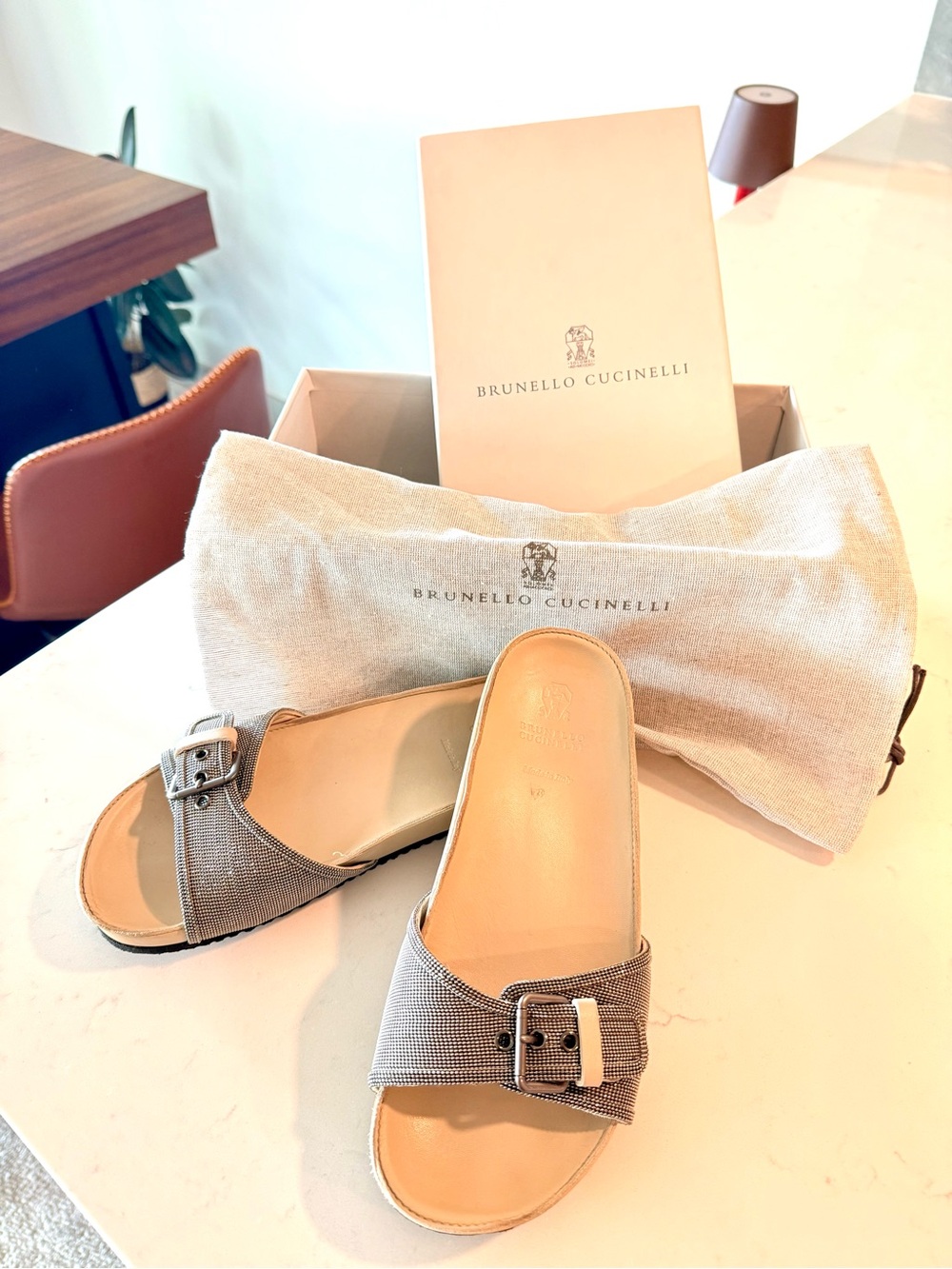 Brunello Cucinelli Women's leather Monili buckle Slide Sandals Shoes Size 38 US8 - Picture 2 of 8